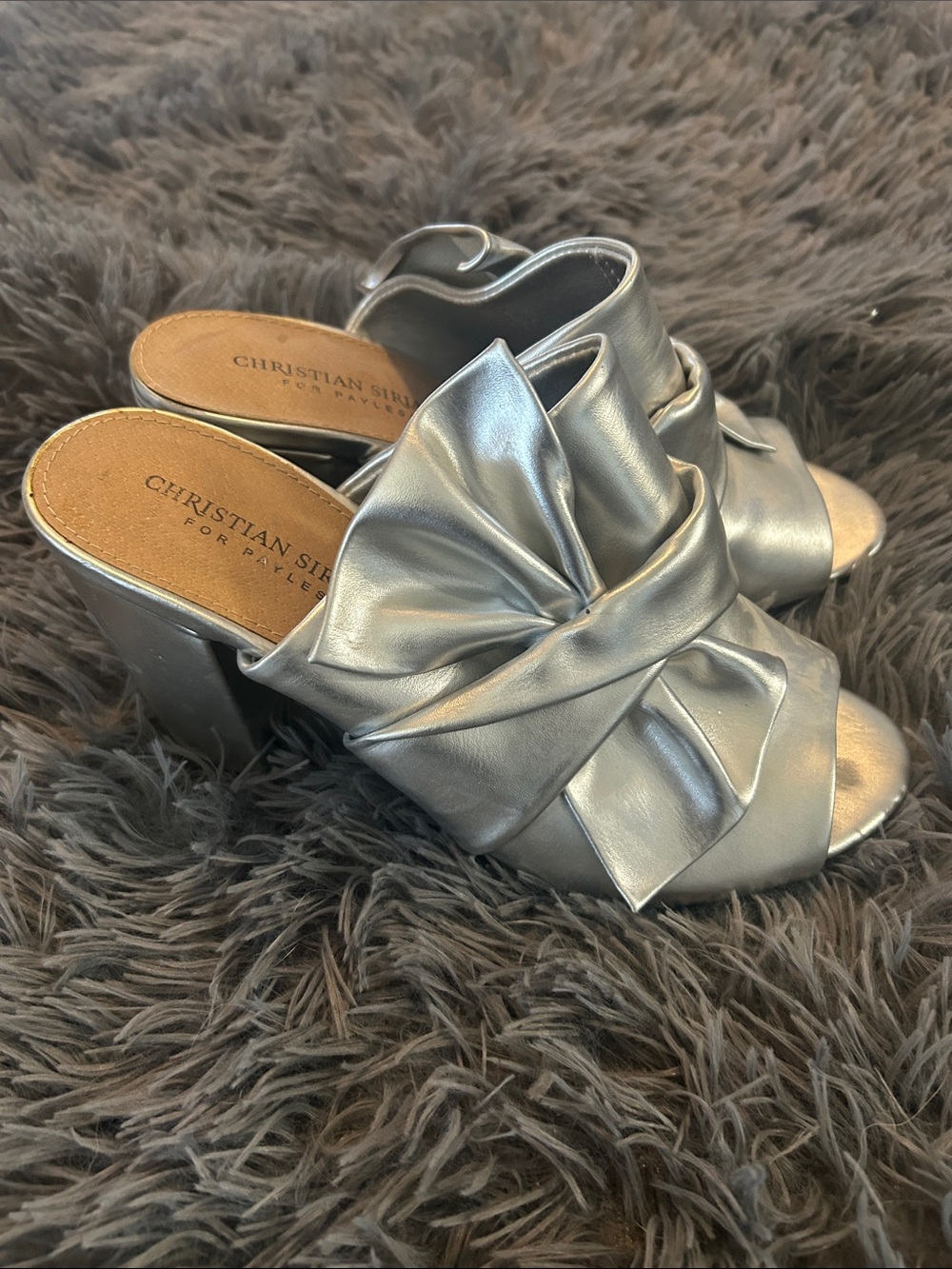 Christian Siriano Metallic Silver Knot-Detail Heeled Mules